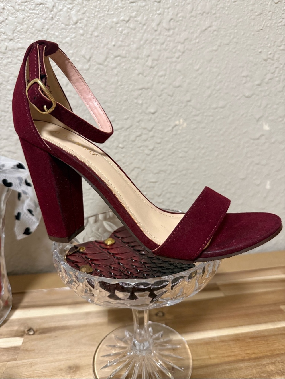 BAMBOO Burgundy Suede Block Heel Ankle Strap Sandal